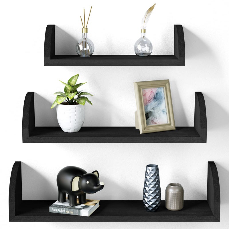 SRIWATANA Floating Shelves Wall Mounted, Solid Wood Shelves Wall Bookshelves Set of 3 for Bedroom, Living Room, Bathroom, Kitchen - Black - Image 1